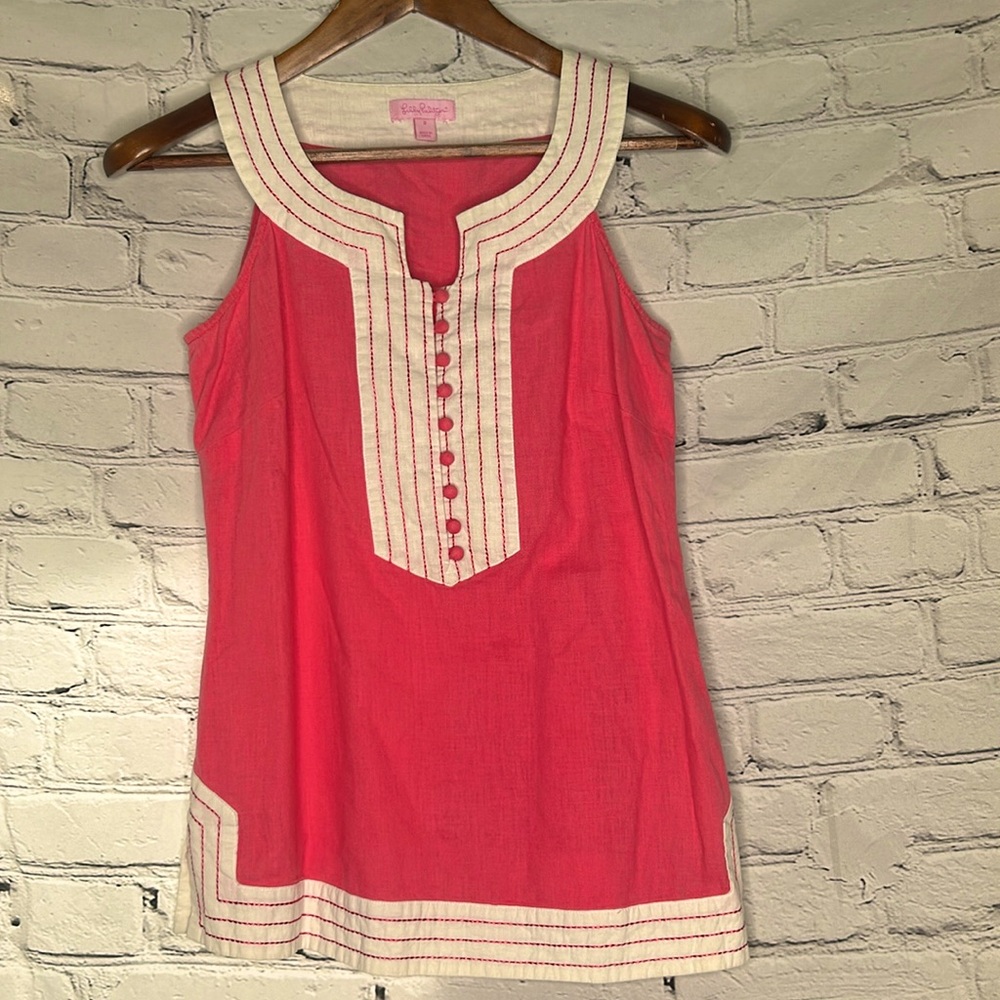 Lilly Pulitzer Sleeveless Pink White Linen Blend Sleeveless Tunic Top Size 2
